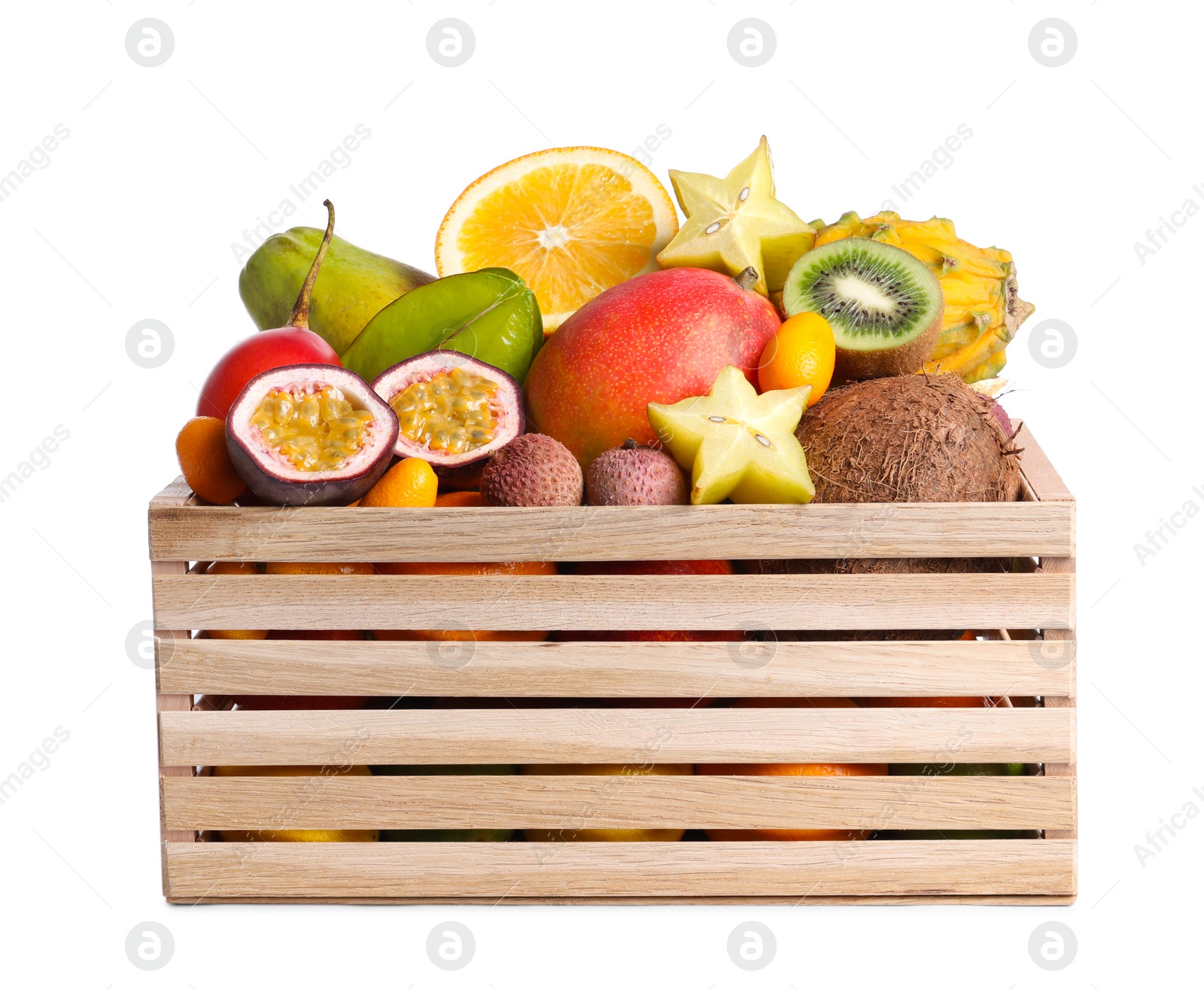 Photo of Wooden crate with different exotic fruits on white background