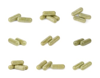 Image of Collage of vitamin pills isolated on white