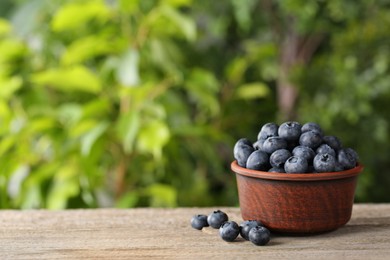 Photo of Tasty fresh blueberries on wooden table outdoors, space for text