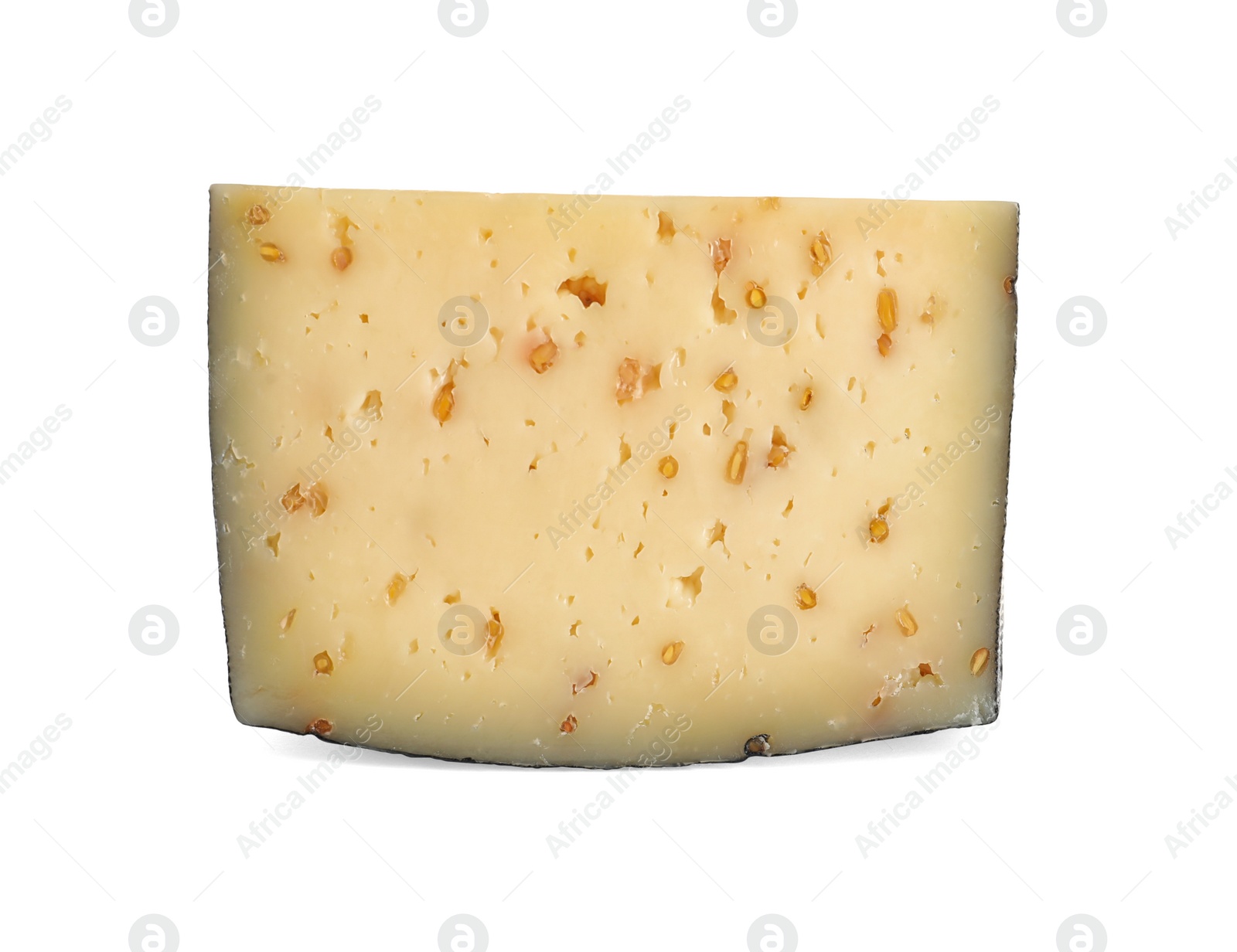 Photo of Piece of tasty cheese with fenugreek isolated on white