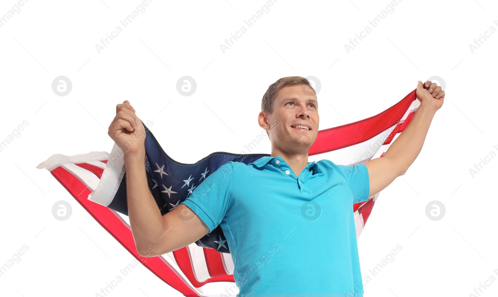 Photo of Portrait of man holding USA flag on white background