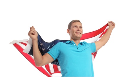 Photo of Portrait of man holding USA flag on white background