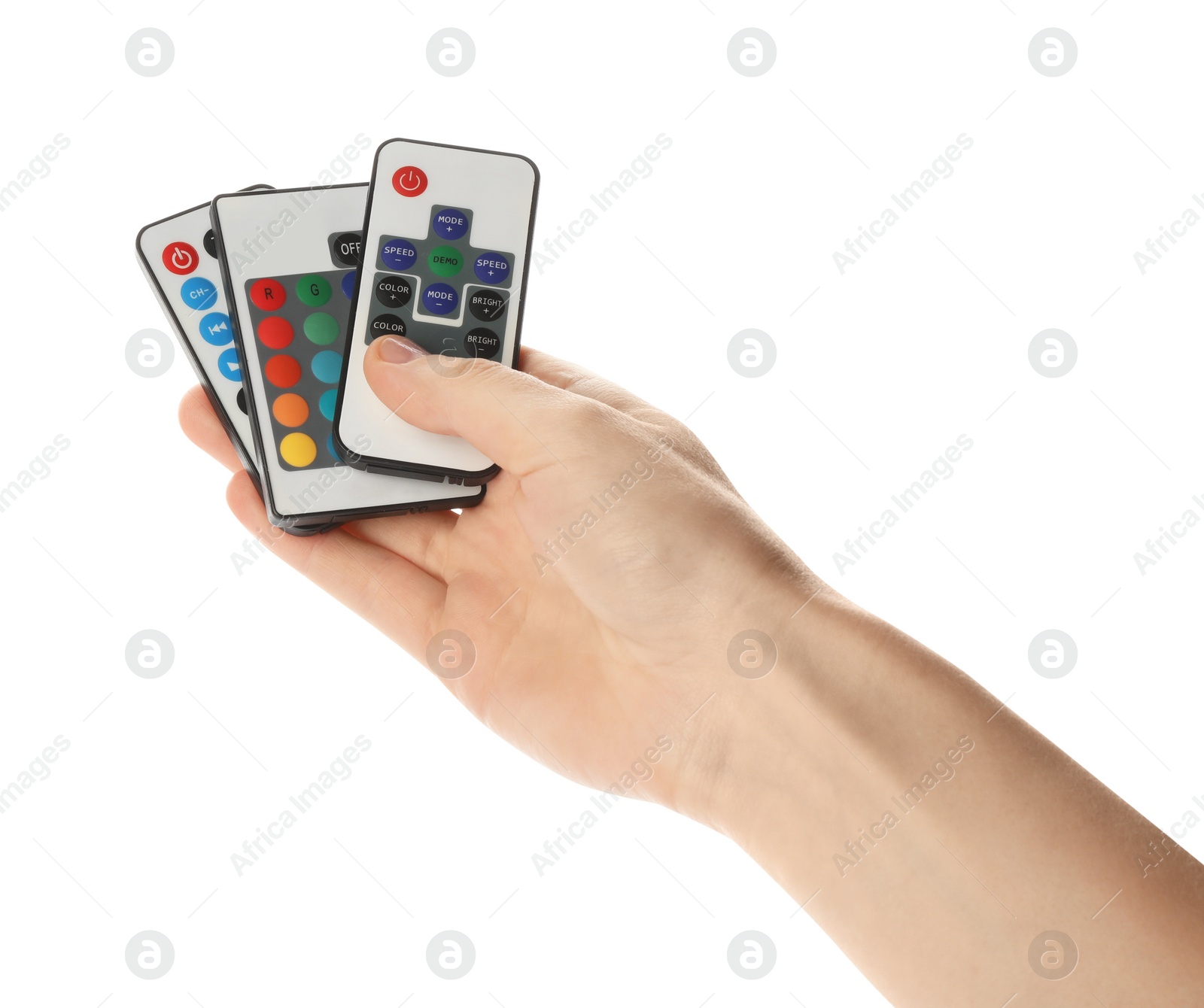 Photo of Woman holding remote controls on white background, closeup