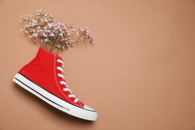 Photo of One new stylish red sneaker with gypsophila flowers on beige background, top view. Space for text