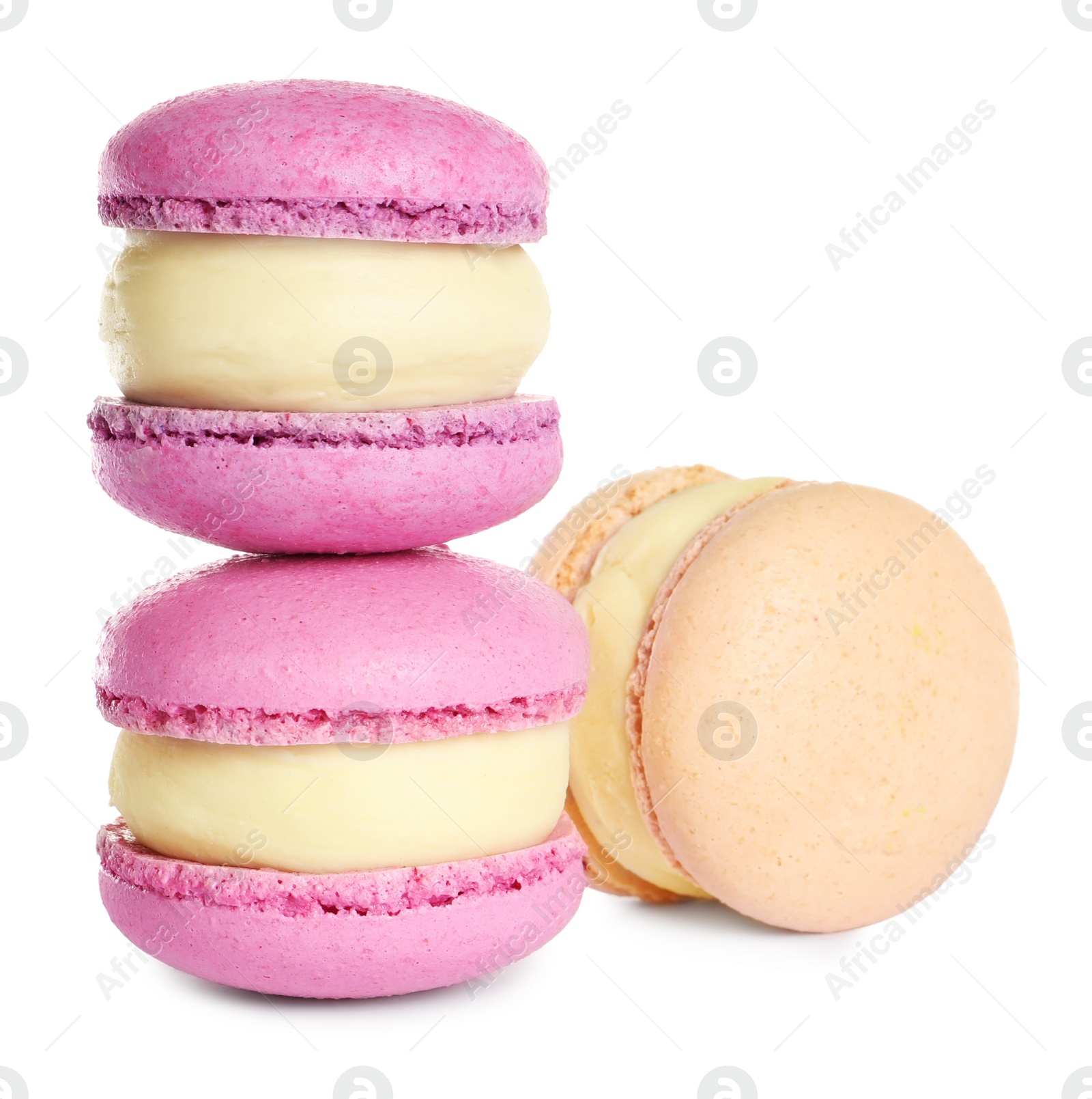 Photo of Colorful macarons on white background. Delicious dessert