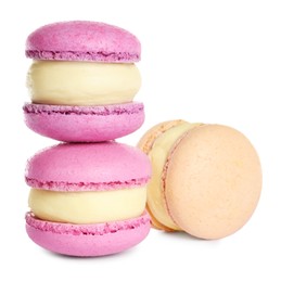 Colorful macarons on white background. Delicious dessert