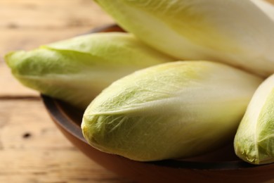 Photo of Fresh raw Belgian endives (chicory) in bowl on wooden table, closeup