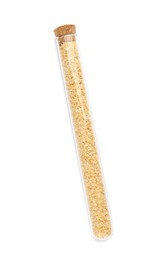Glass tube with garlic powder on white background, top view