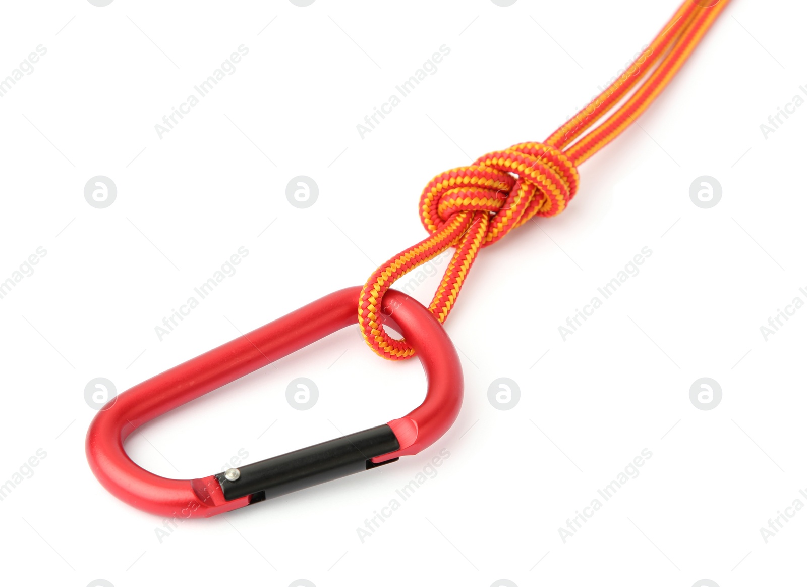 Photo of One metal carabiner with rope isolated on white