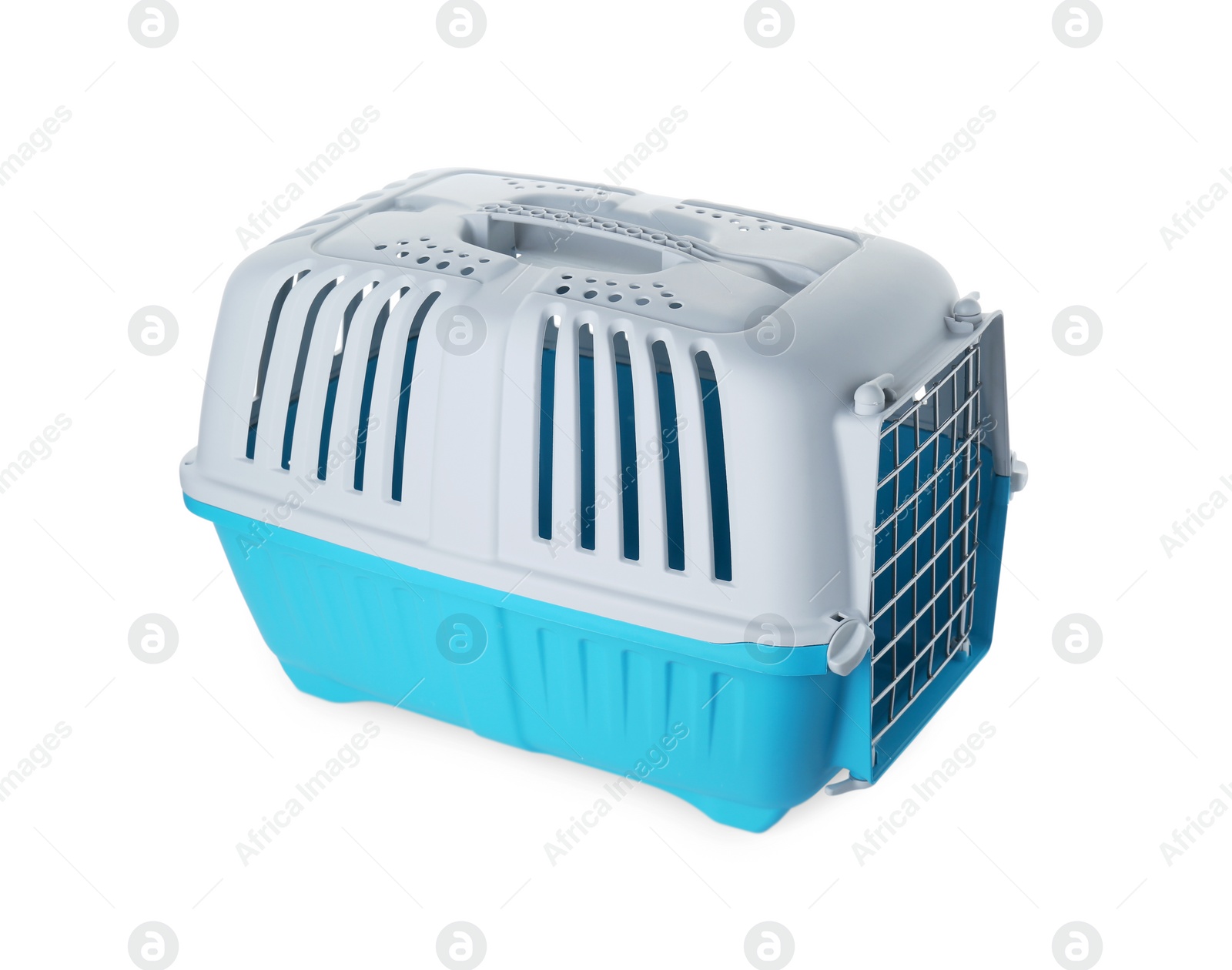 Photo of Light blue pet carrier isolated on white