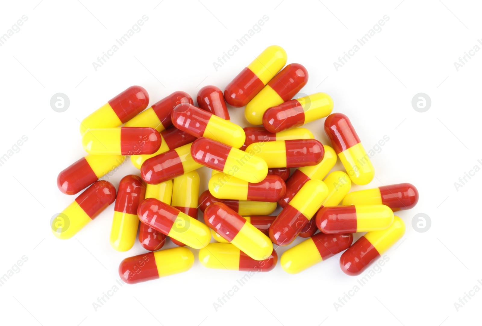 Photo of Many antibiotic pills isolated on white, top view