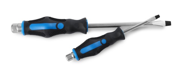 Two screwdrivers with blue handles on white background, top view