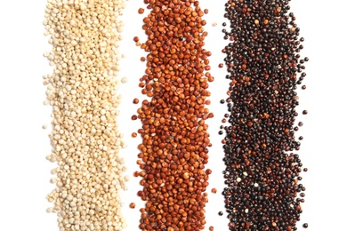 Different types of quinoa on white background, top view