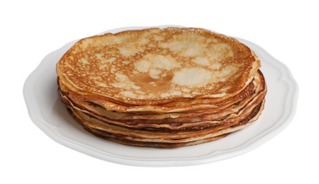 Photo of Stack of delicious crepes on plate against white background