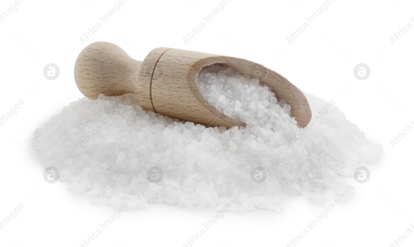 Photo of Natural salt and wooden scoop isolated on white