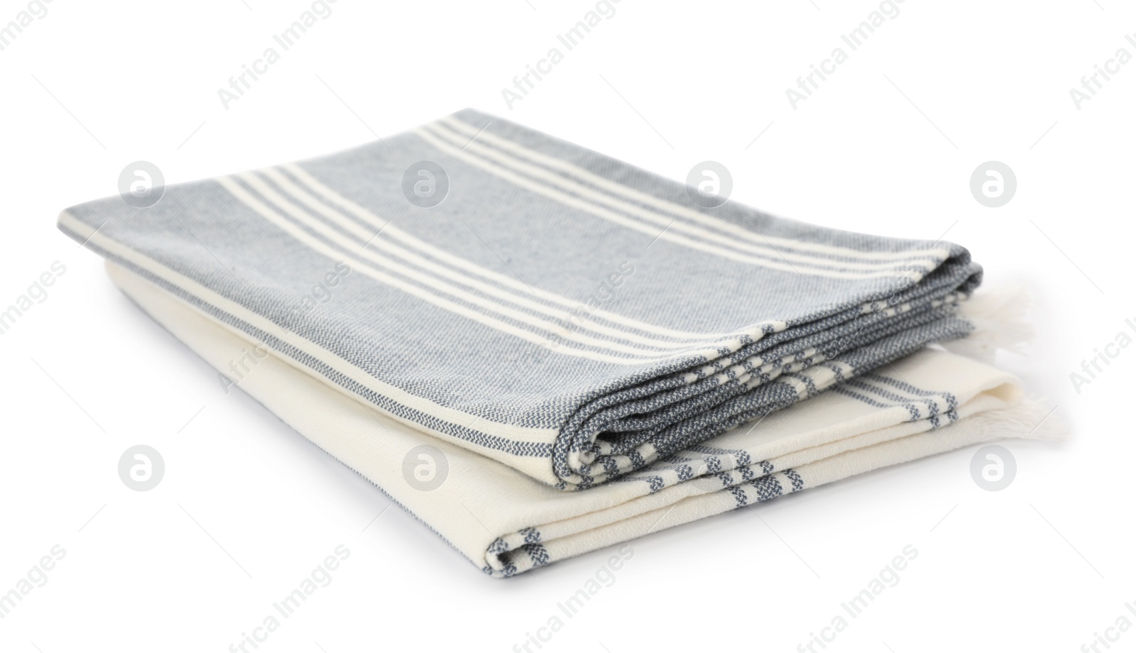 Photo of Two striped kitchen towels isolated on white