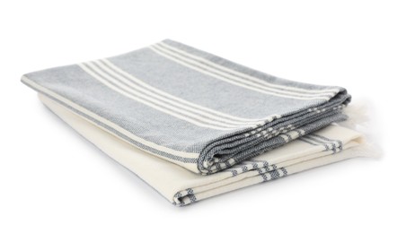 Photo of Two striped kitchen towels isolated on white