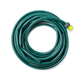 Photo of Green rubber watering hose isolated on white, top view