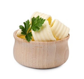 Photo of Tasty butter curls and fresh parsley in bowl isolated on white