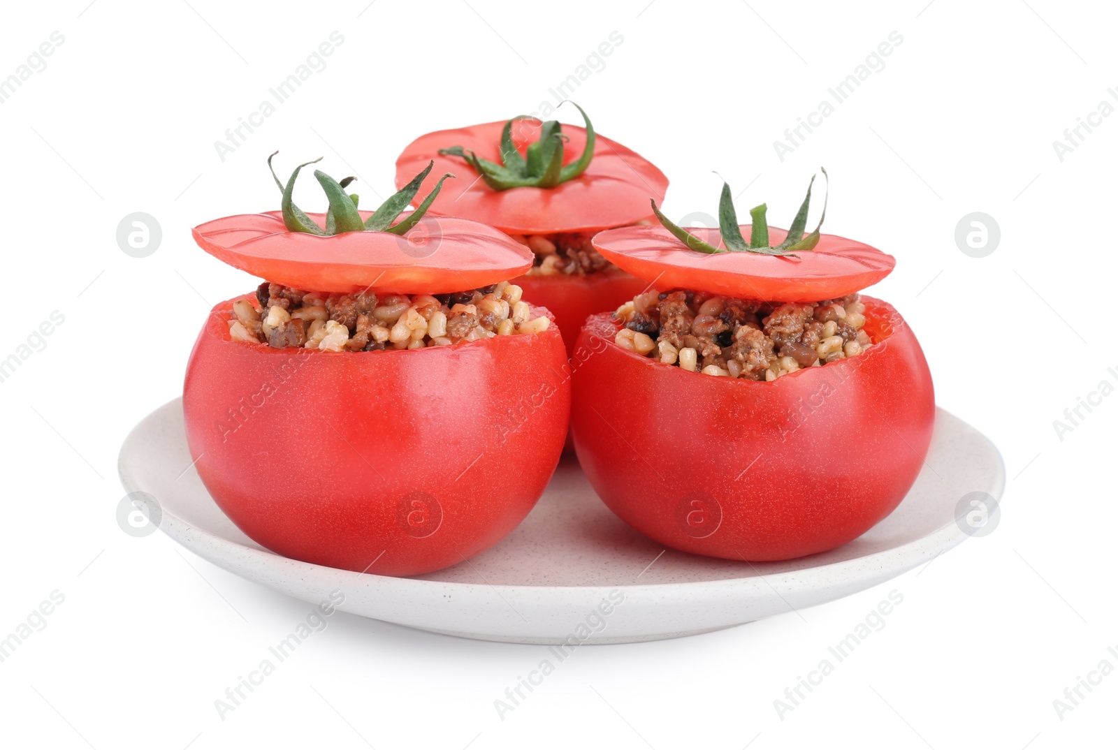 Photo of Delicious stuffed tomatoes with minced beef, bulgur and mushrooms isolated on white