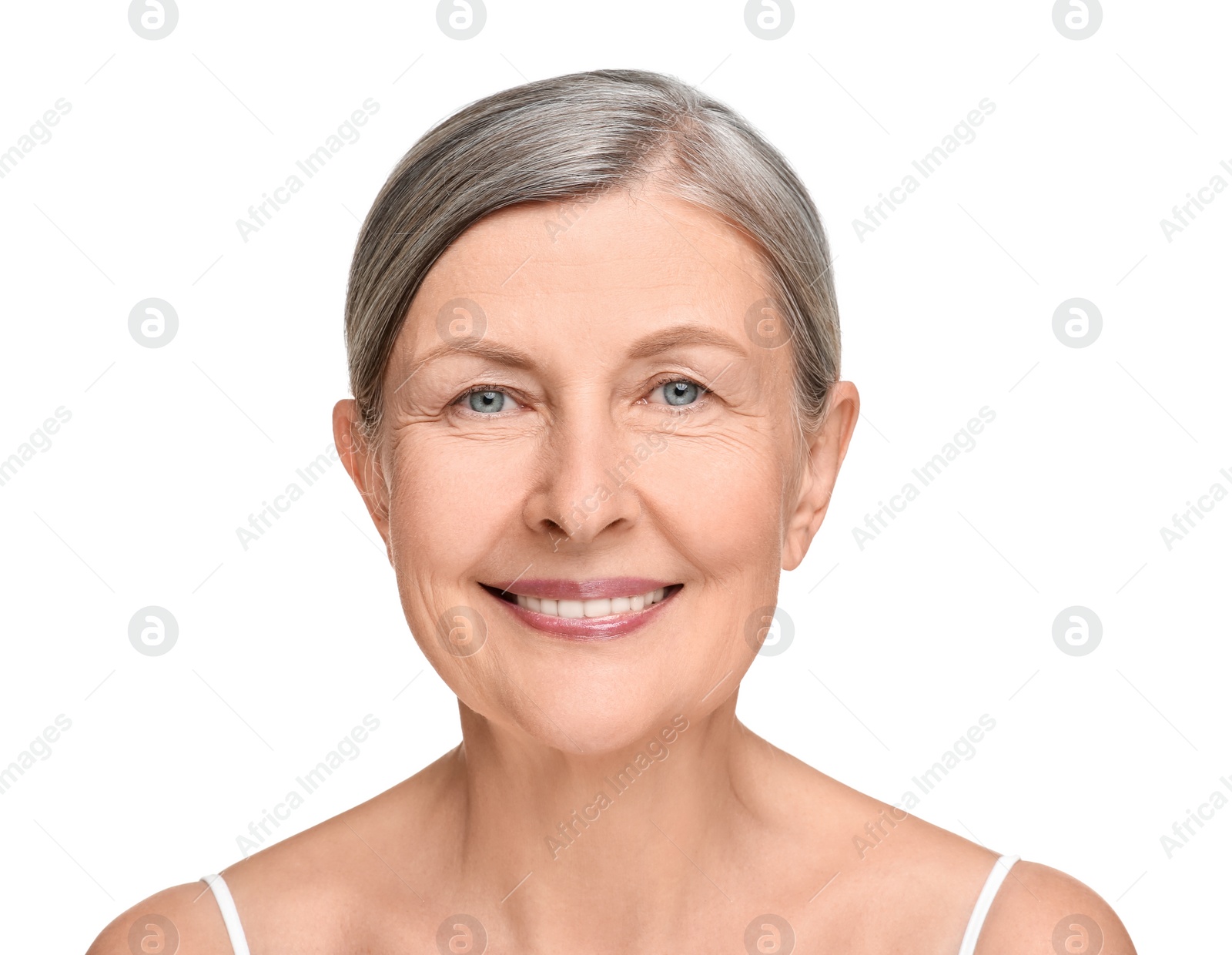 Photo of Portrait of senior woman with aging skin on white background. Rejuvenation treatment