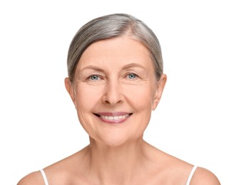 Portrait of senior woman with aging skin on white background. Rejuvenation treatment