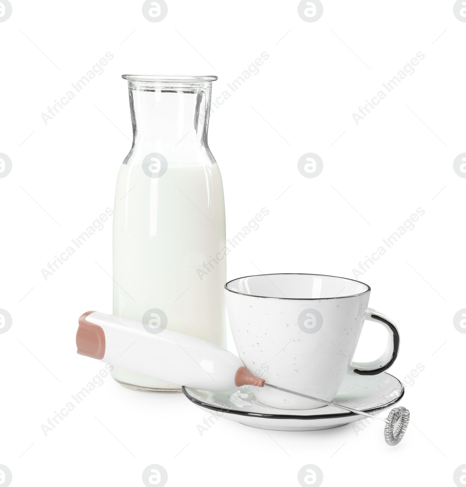 Photo of Mini mixer (milk frother), cup and bottle isolated on white