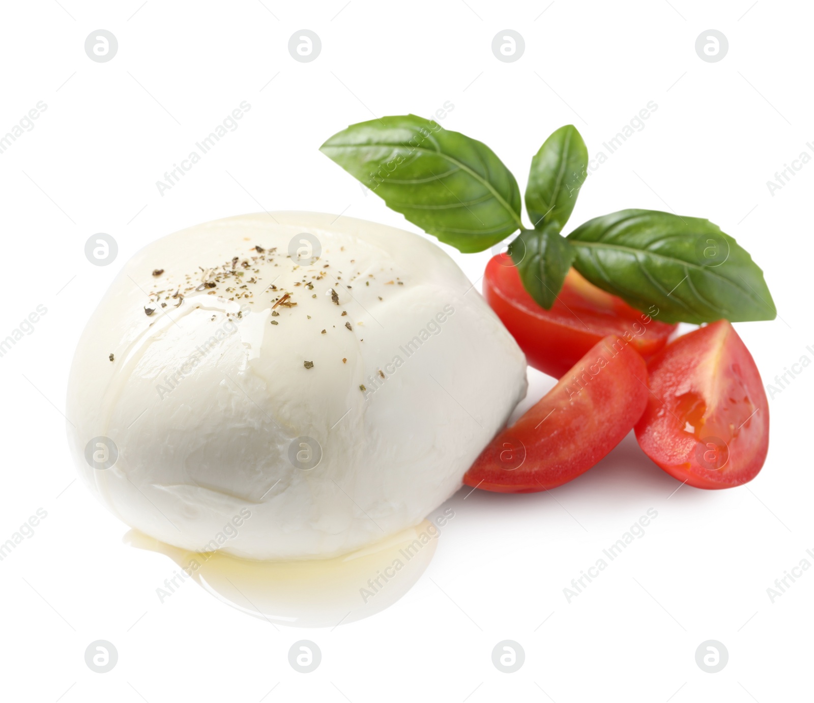 Photo of Delicious mozzarella with tomatoes and basil leaves on white background