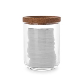 Cotton pads in glass jar on white background