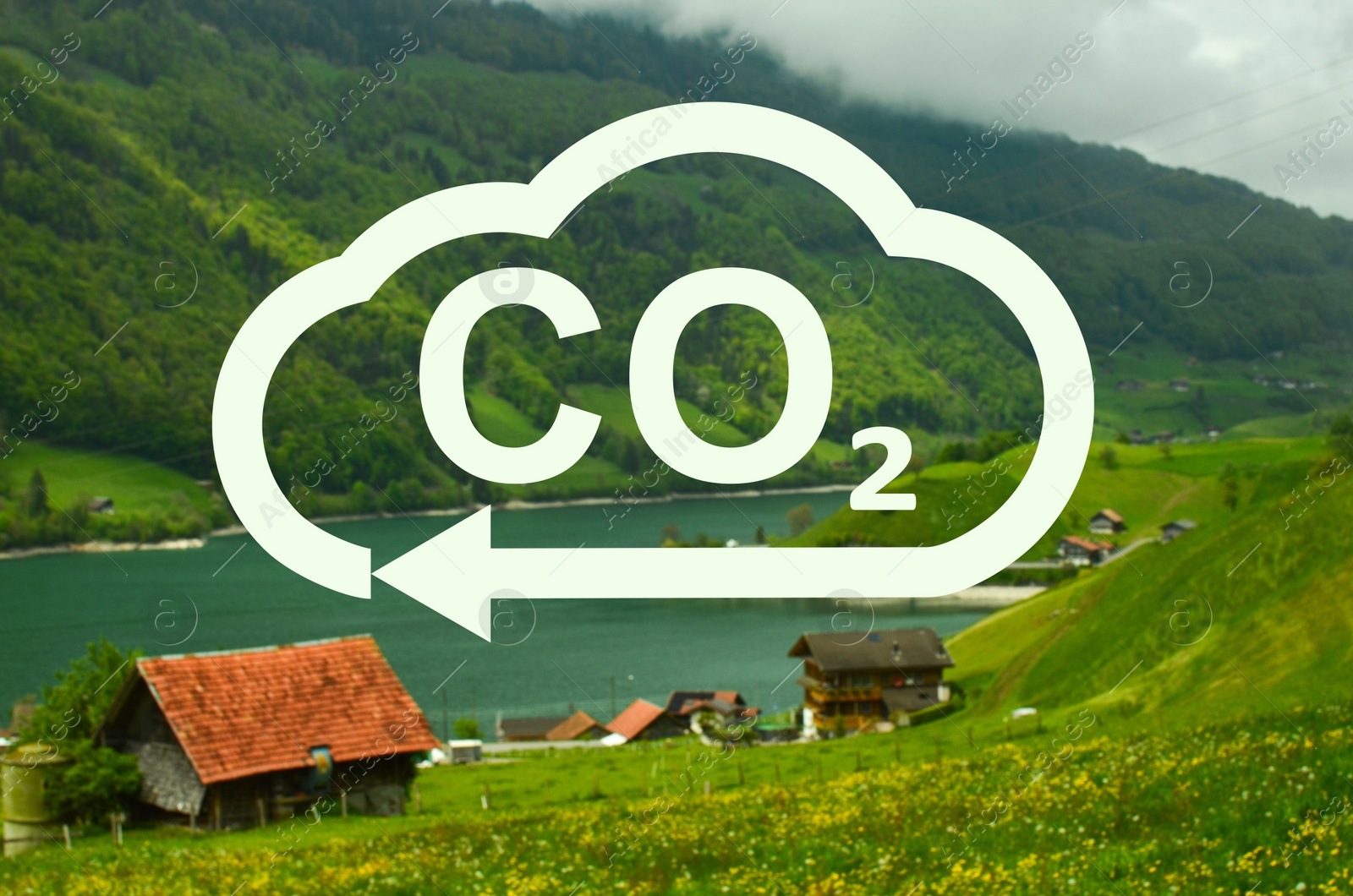 Image of Concept of clear air. CO2 inscription in illustration of cloud with arrow and beautiful village in mountains