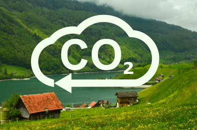 Image of Concept of clear air. CO2 inscription in illustration of cloud with arrow and beautiful village in mountains