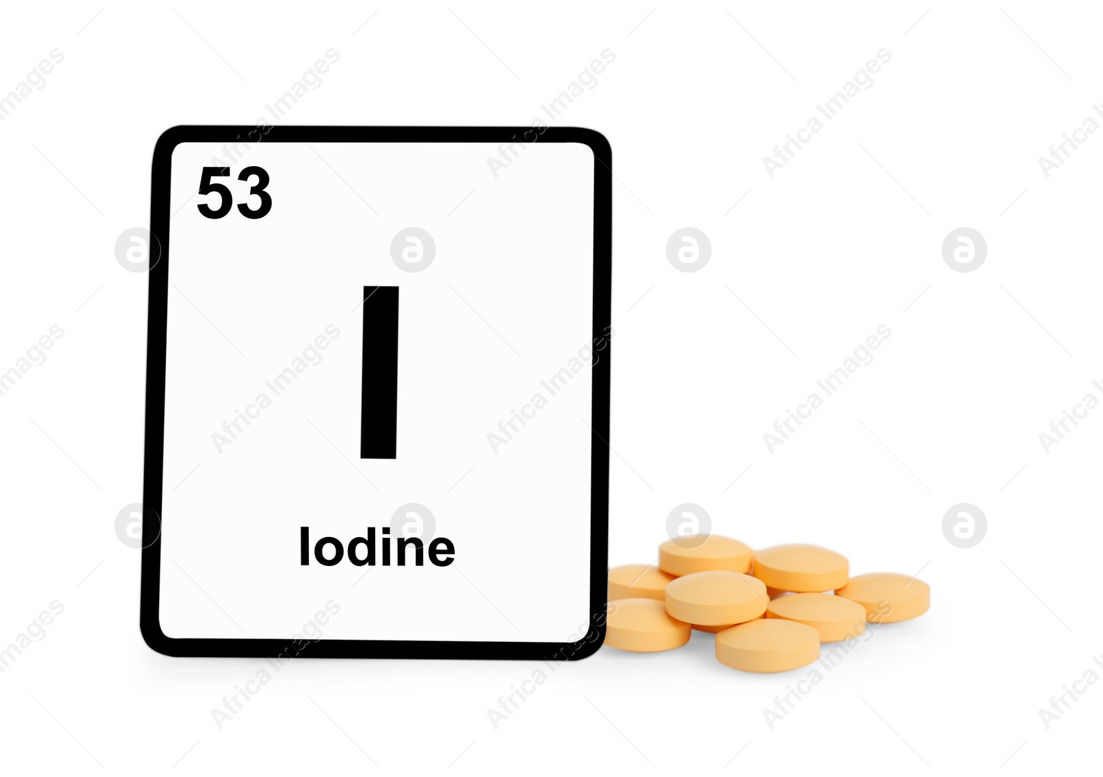 Photo of Card with iodine element and pills isolated on white