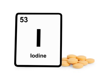 Photo of Card with iodine element and pills isolated on white