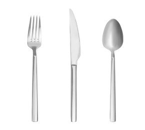 Shiny silver cutlery set on white background, top view