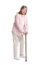 Photo of Senior woman with walking cane on white background