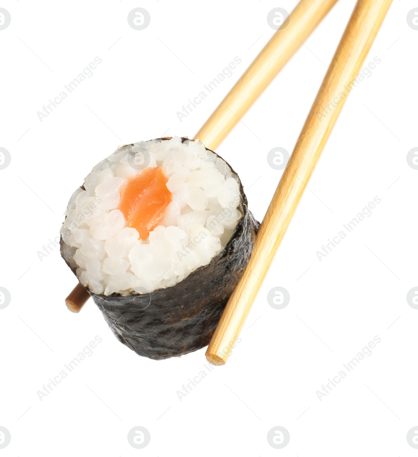 Photo of Chopsticks with tasty fresh sushi roll isolated on white