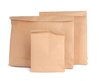 Photo of Paper bags isolated on white. Mockup for design