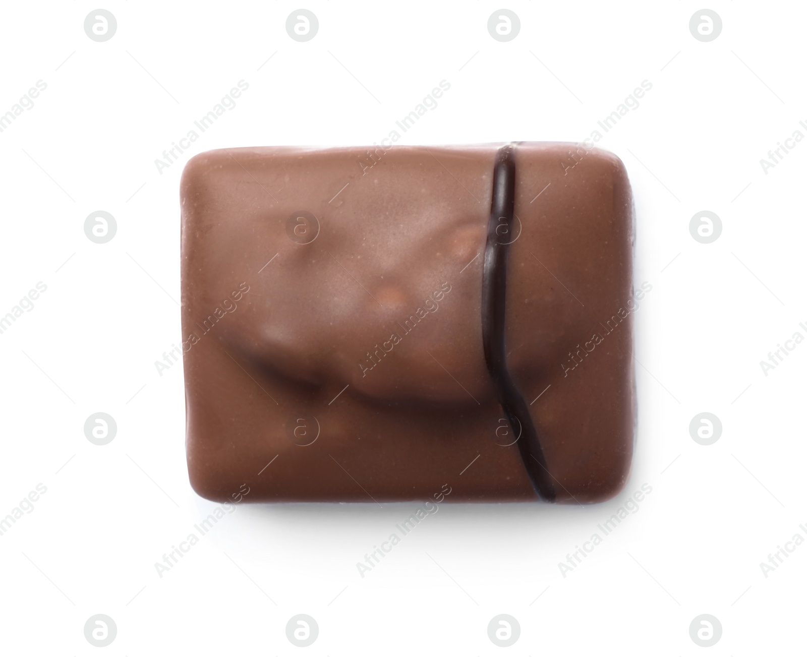 Photo of Delicious milk chocolate candy with nuts isolated on white, top view