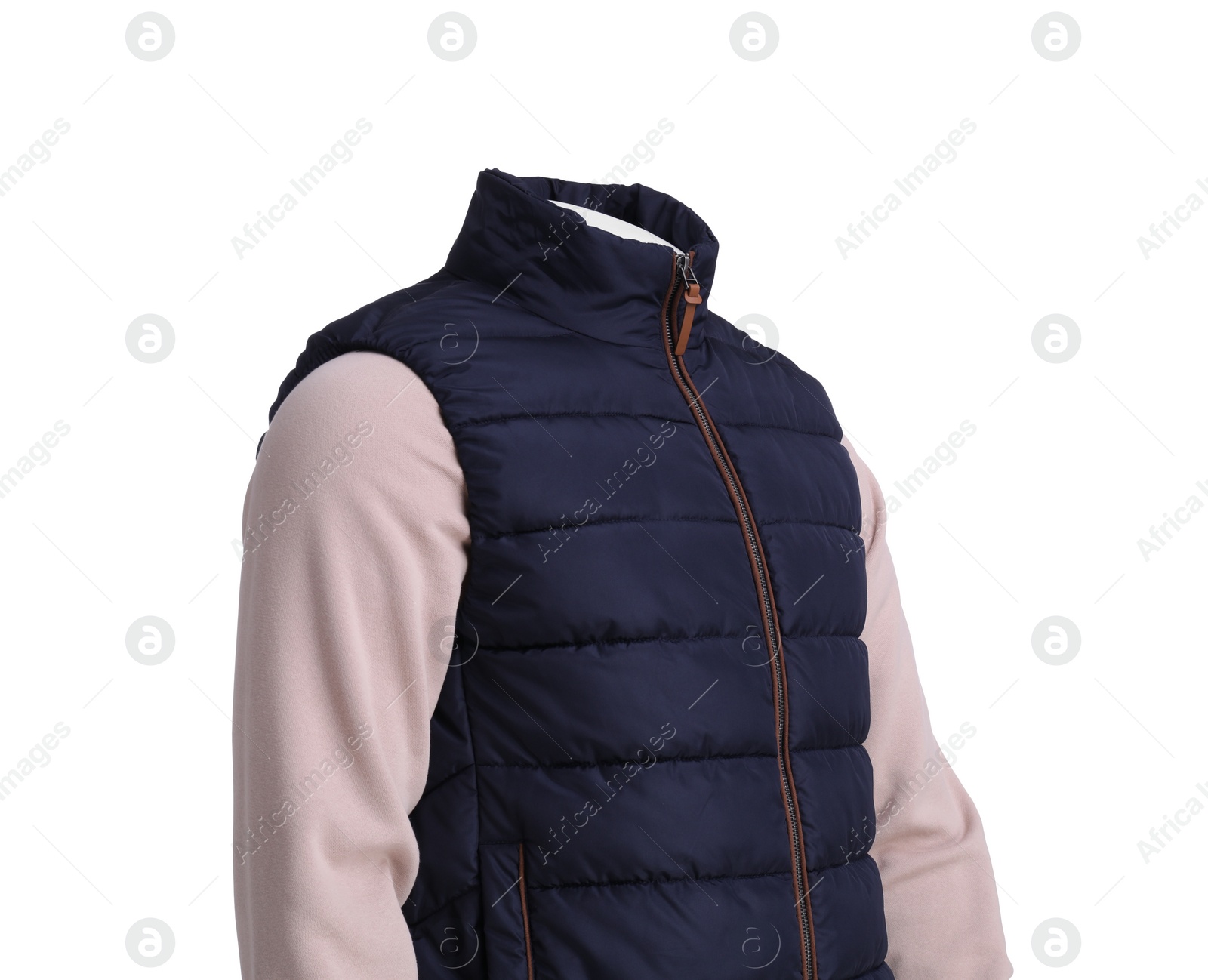 Photo of Male mannequin with accessories dressed in stylish beige sweatshirt and vest isolated on white