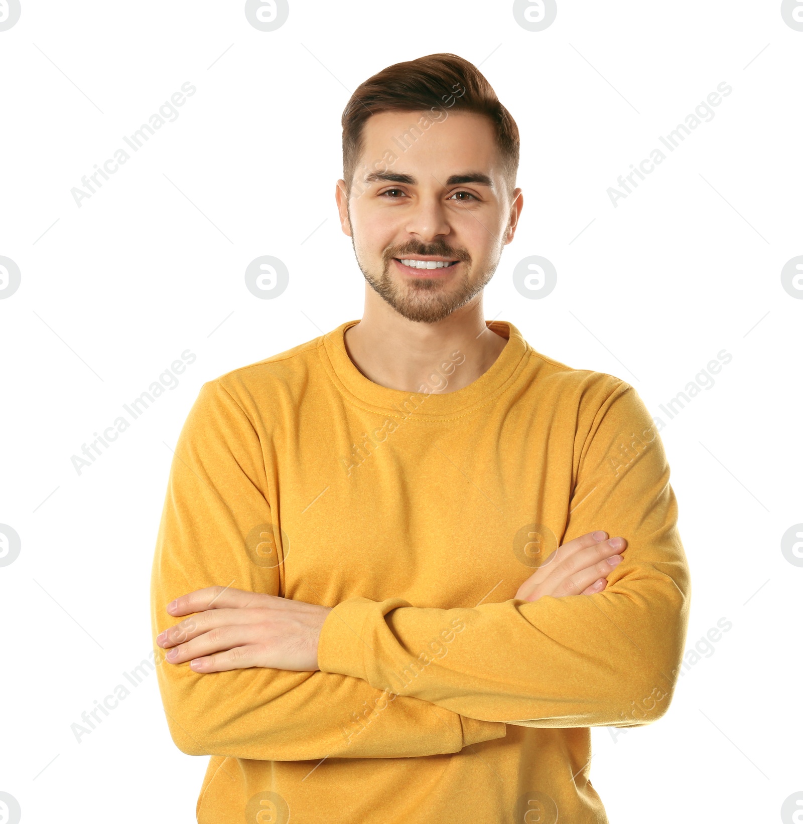 Photo of Portrait of handsome man posing on white background