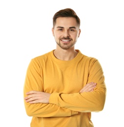 Photo of Portrait of handsome man posing on white background