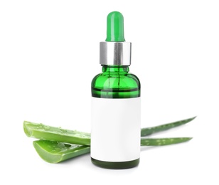 Photo of Bottle with aloe vera extract and fresh leaves on white background