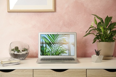 Houseplants and laptop on table in office interior