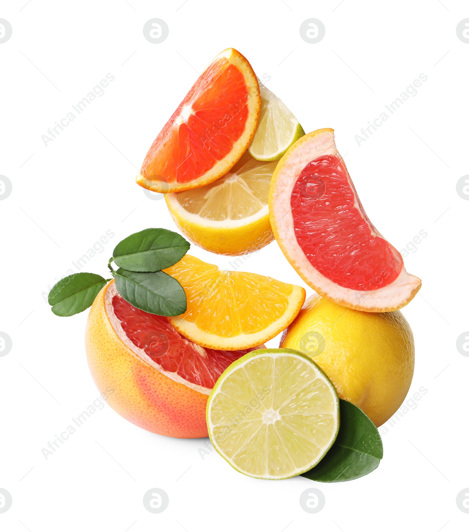 Photo of Fresh ripe citrus fruits and green leaves isolated on white