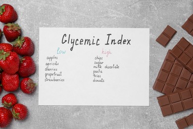 Photo of List with products of low and high glycemic index between strawberries and chocolate on light grey table, flat lay