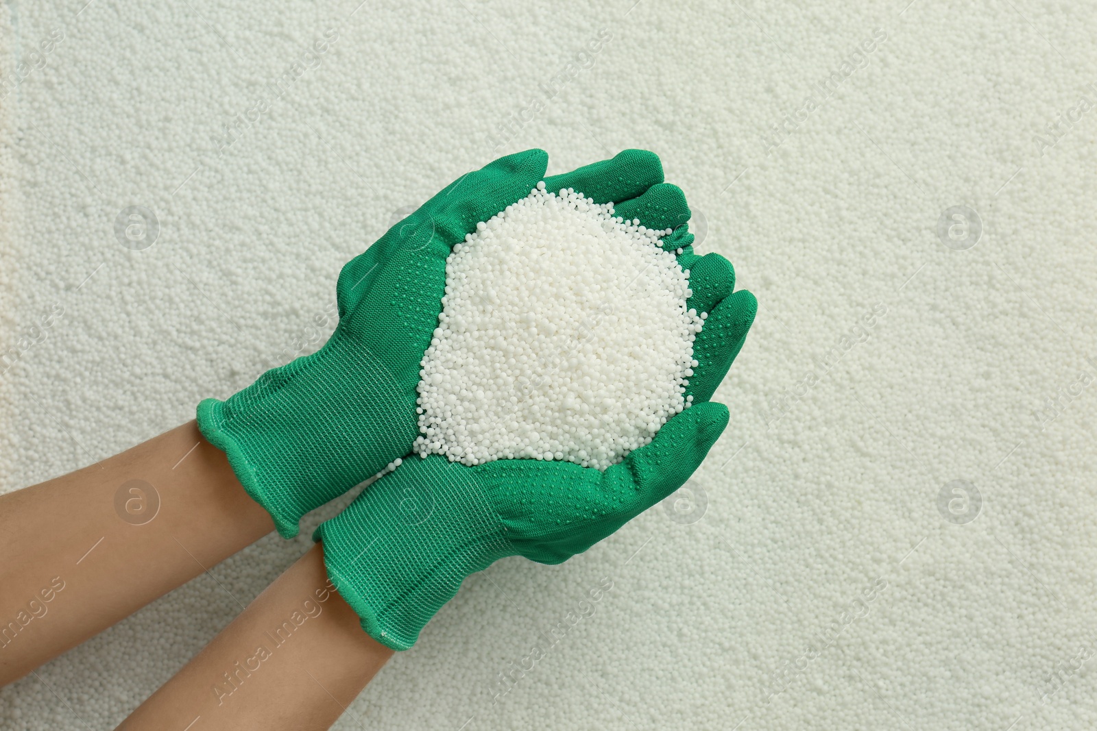 Photo of Woman holding pile of granular mineral fertilizer over grains, top view
