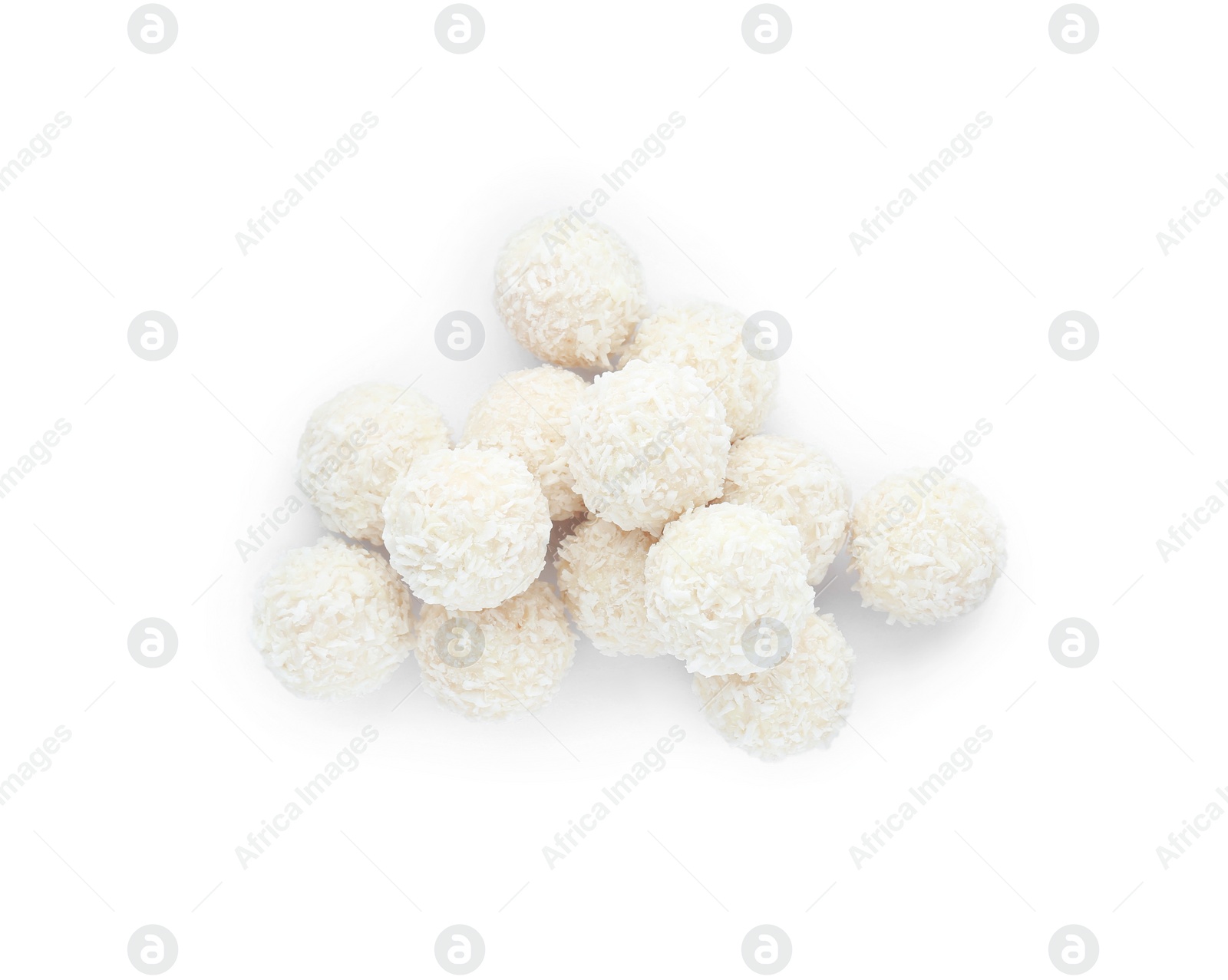 Photo of Tasty coconut balls isolated on white, top view