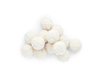 Tasty coconut balls isolated on white, top view