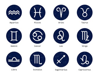 Image of Set with 12 zodiac signs on white background, illustration