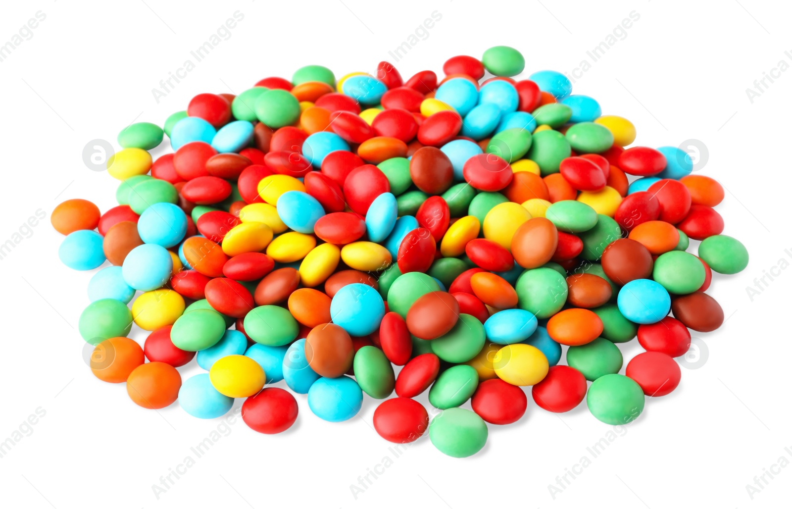 Photo of Many small colorful candies on white background